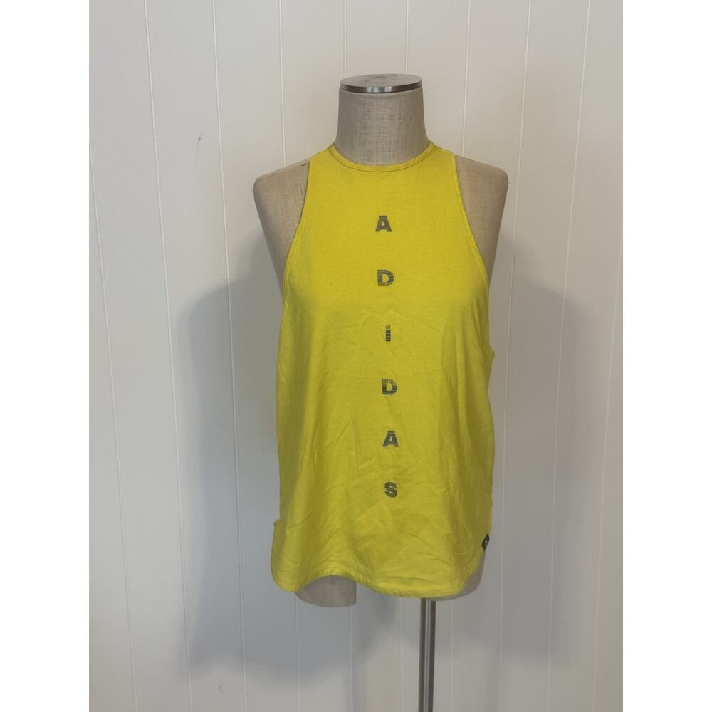 Adidas Shirt Womens XL Yellow Sleeveless Tank Top Athletic Spell Out Logo Gym - Picture 2 of 8